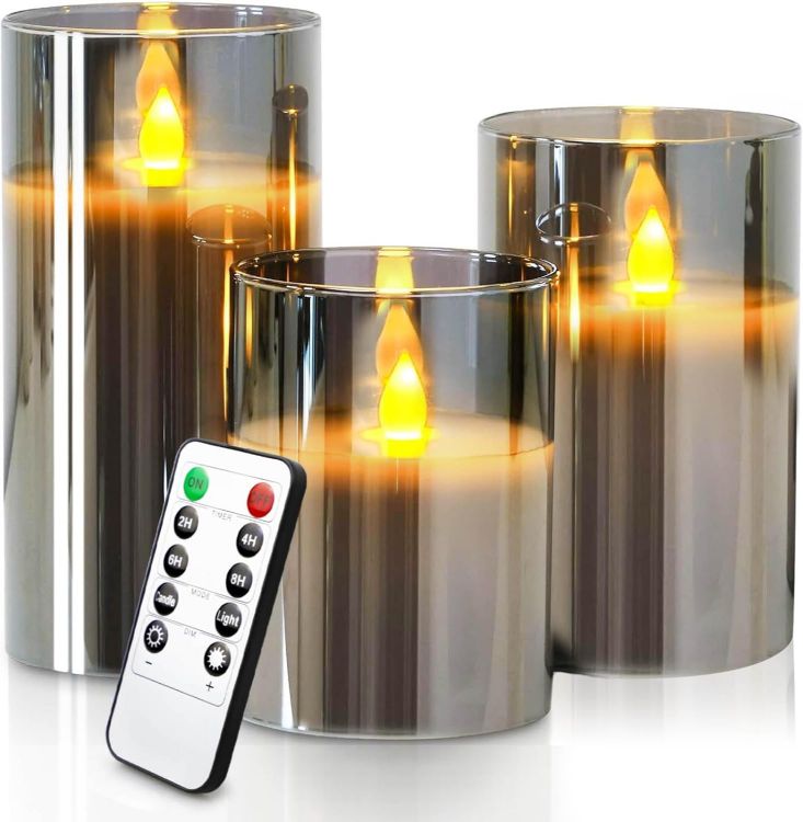 3 pack LED flameless moving flame candles grey glass