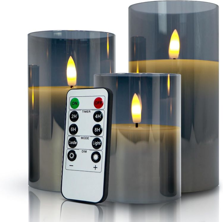 set of 3 grey glass flameless LED candles