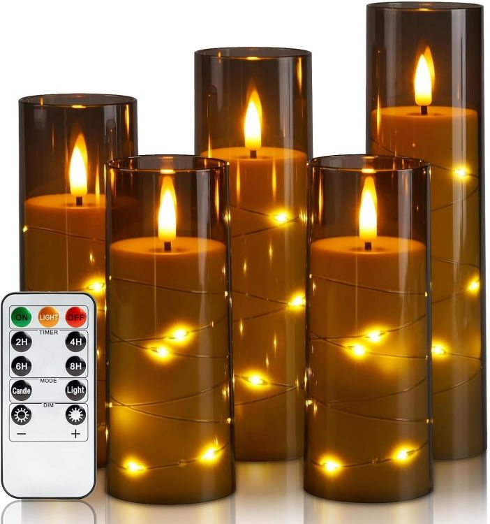 5 pack brown flameless LED candles with string lights