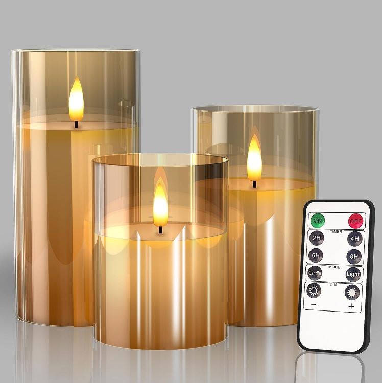 3 pack gold glass LED flickering candle set