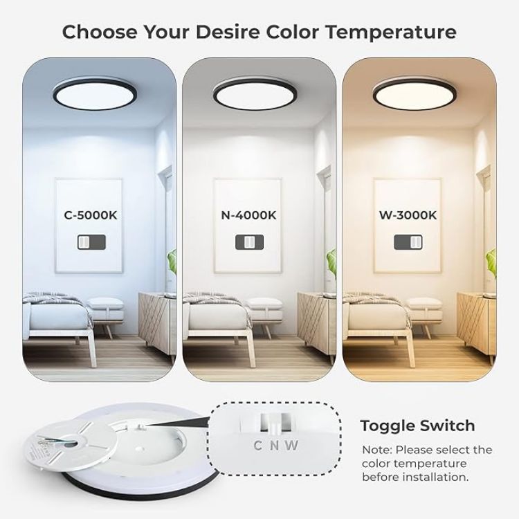 Picture of 12 Inch LED Flush Mount Ceiling Light Fixture with Night Light, 24W 2400LM 3000K/4000K/5000K Selectable, Dimmable Ceiling Lights for Bedroom, Dining Room, Kitchen, Round Black