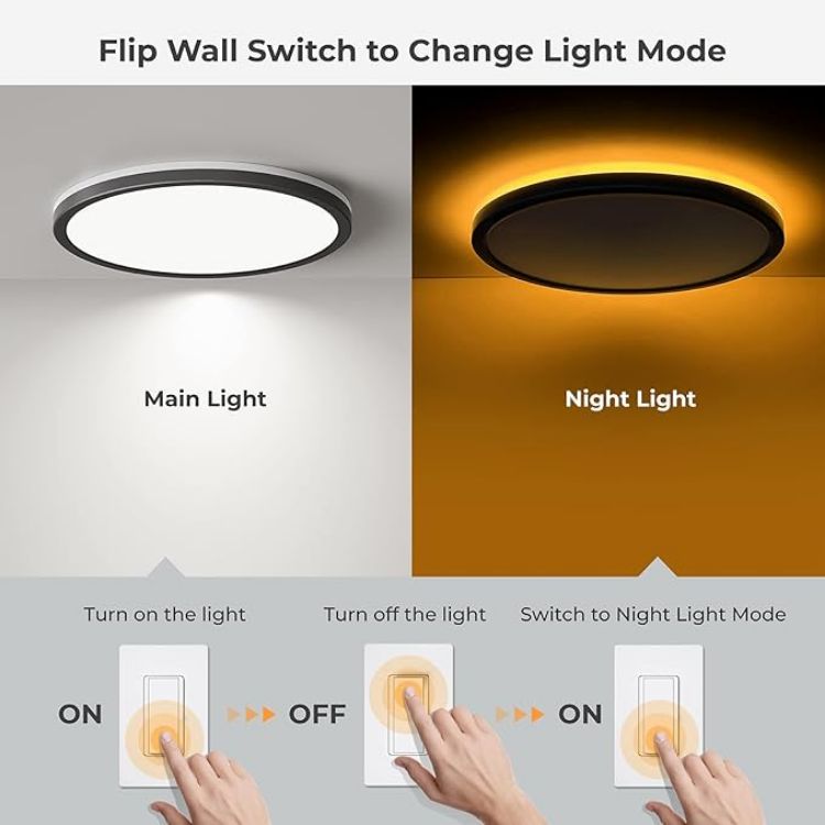 Picture of 12 Inch LED Flush Mount Ceiling Light Fixture with Night Light, 24W 2400LM 3000K/4000K/5000K Selectable, Dimmable Ceiling Lights for Bedroom, Dining Room, Kitchen, Round Black