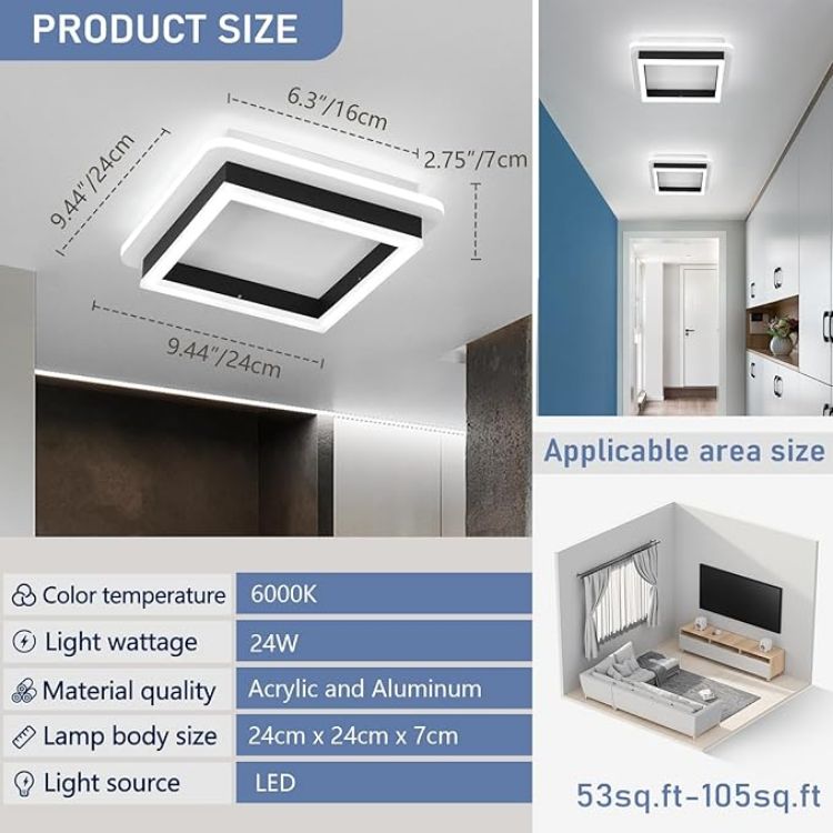 Picture of Square Modern Led Ceiling Light Fixture, 24W Black Flush Mount Hallway Ceiling Light Small Close to Ceiling Lamp for Living Room Bedroom Kitchen Balcony Cloakroom (Cool White, 6000K