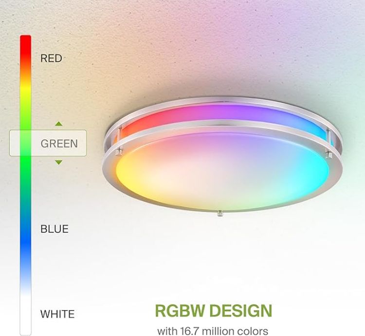 Picture of LED 18" Round Flush Mount Lighting, Close to Ceiling Light Fixture | Smart, Multicolor, Dimmable, ETL Listed | 28W 1844LM RGB-2700-6500K 120V | Low Profile Double Ring Lamp | Nickel