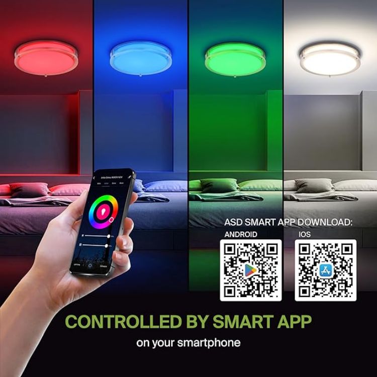 Picture of LED 18" Round Flush Mount Lighting, Close to Ceiling Light Fixture | Smart, Multicolor, Dimmable, ETL Listed | 28W 1844LM RGB-2700-6500K 120V | Low Profile Double Ring Lamp | Nickel