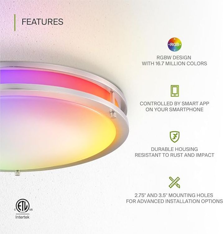 Picture of LED 18" Round Flush Mount Lighting, Close to Ceiling Light Fixture | Smart, Multicolor, Dimmable, ETL Listed | 28W 1844LM RGB-2700-6500K 120V | Low Profile Double Ring Lamp | Nickel
