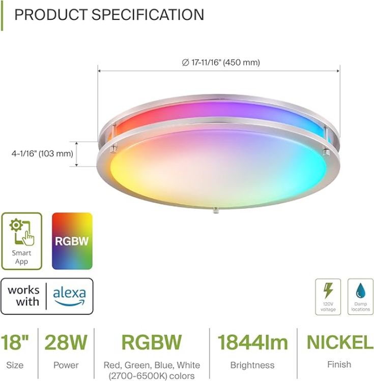Picture of LED 18" Round Flush Mount Lighting, Close to Ceiling Light Fixture | Smart, Multicolor, Dimmable, ETL Listed | 28W 1844LM RGB-2700-6500K 120V | Low Profile Double Ring Lamp | Nickel