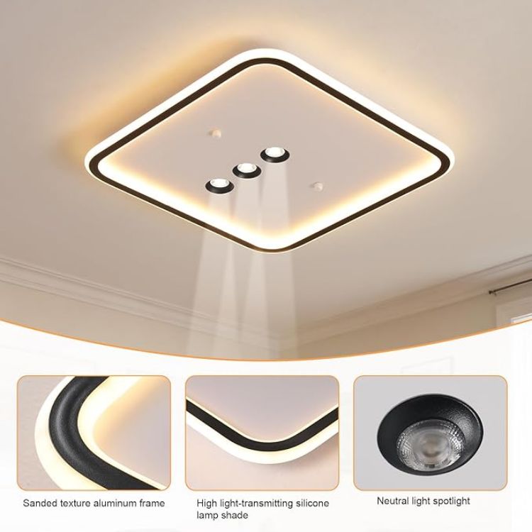 Picture of Square Diamond LED Ceiling Light with 3 Adjustable Spotlights, Dimmable Flush Mount Lighting Fixture, Black & White for Bedroom Living Room Kitchen Hallway