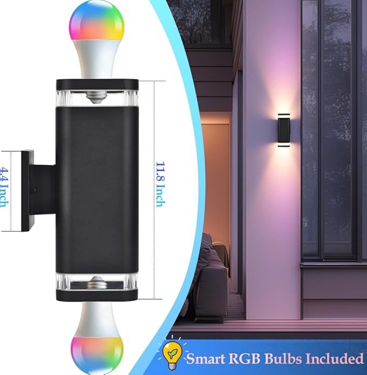 Picture of Smart RGB Outdoor Wall Lights, 2 Pack Color Changing Porch Lights, Cylinder Up and Down Lights Outdoor Wall Sconce, Exterior Lighting Fixture Compatible with Smart Life & Tuya smart