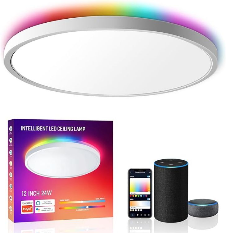 Picture of Smart Led Ceiling Light Flush Mount, 12 Inch 24W Ceiling Light Fixture Dimmable 2700K-6500K, RGB Ambient Light Fixture WiFi Compatible with Alexa Google Home for Bedroom Living Room