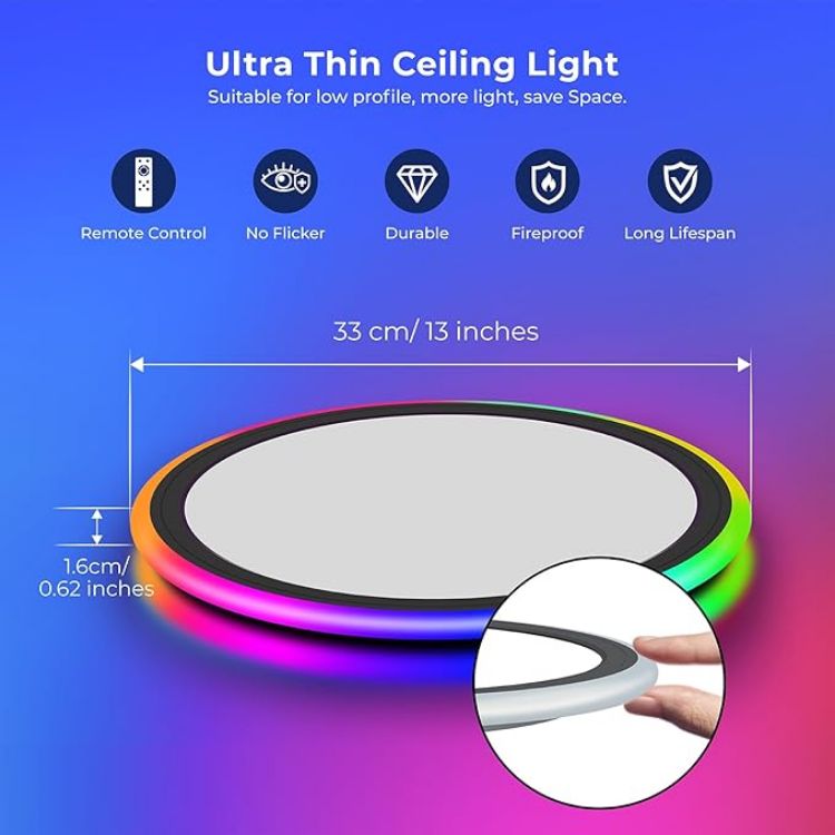 Picture of RGB Led Flush Mount Ceiling Light with Remote Control, 13Inch 24W 2400LM 3000K-6500K Dimmable Color Changing Wired Light Fixture, Colorful for Bedroom Kids Room Party Festival, Black