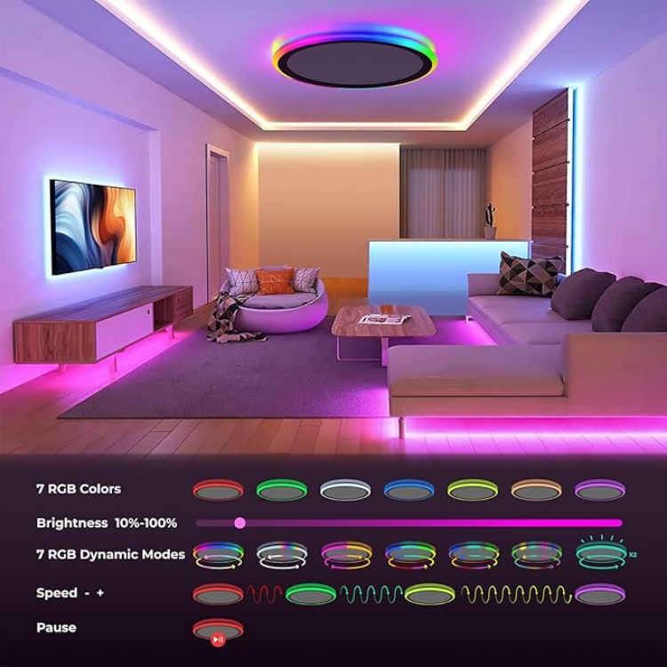 Picture of RGB Led Flush Mount Ceiling Light with Remote Control, 13Inch 24W 2400LM 3000K-6500K Dimmable Color Changing Wired Light Fixture, Colorful for Bedroom Kids Room Party Festival, Black