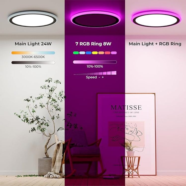 Picture of RGB Led Flush Mount Ceiling Light with Remote Control, 13Inch 24W 2400LM 3000K-6500K Dimmable Color Changing Wired Light Fixture, Colorful for Bedroom Kids Room Party Festival, Black