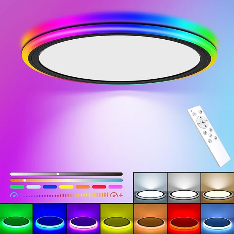 Picture of RGB Led Flush Mount Ceiling Light with Remote Control, 13Inch 24W 2400LM 3000K-6500K Dimmable Color Changing Wired Light Fixture, Colorful for Bedroom Kids Room Party Festival, Black