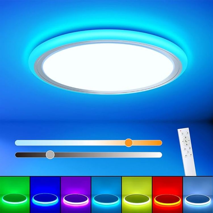 Picture of RGB Led Flush Mount Ceiling Light with Remote Control, 13Inch 24W 2400LM 3000K-6500K Dimmable Color Changing Wired Light Fixture, Colorful for Bedroom Kids Room Party Festival, Black