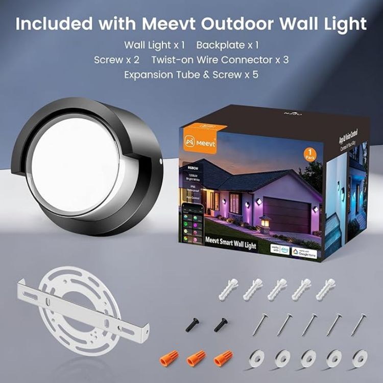 Picture of  Smart Outdoor Wall Lights, 1200LM RGBCW Porch Lights, IP65 Waterproof Exterior Wall Sconce, Work with Alexa & Google Assistant, App & Remote Control Wall Lights for Patio, Garage, Round, 1 Pack