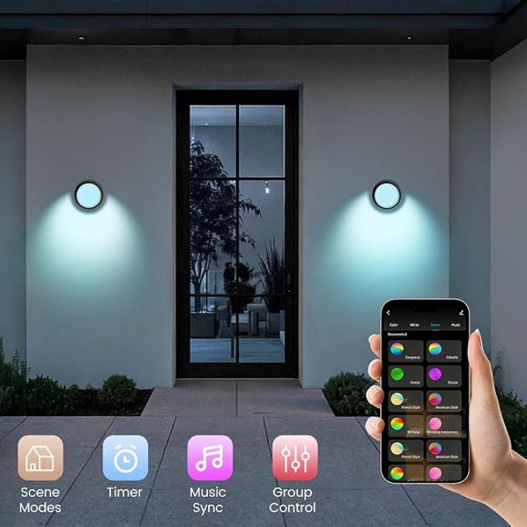 Picture of  Smart Outdoor Wall Lights, 1200LM RGBCW Porch Lights, IP65 Waterproof Exterior Wall Sconce, Work with Alexa & Google Assistant, App & Remote Control Wall Lights for Patio, Garage, Round, 1 Pack