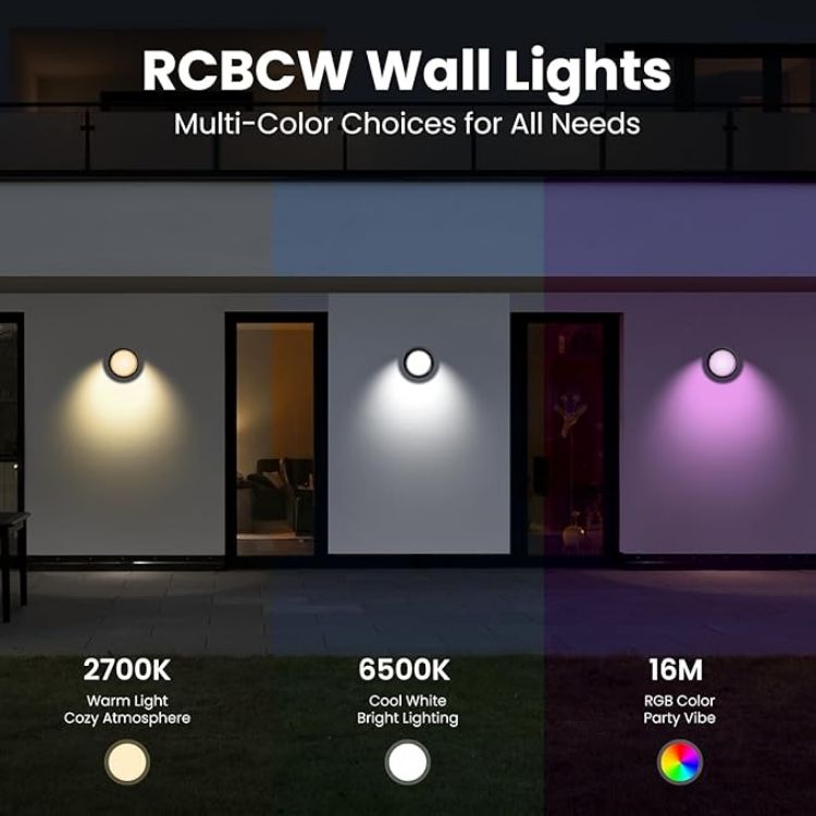 Picture of  Smart Outdoor Wall Lights, 1200LM RGBCW Porch Lights, IP65 Waterproof Exterior Wall Sconce, Work with Alexa & Google Assistant, App & Remote Control Wall Lights for Patio, Garage, Round, 1 Pack