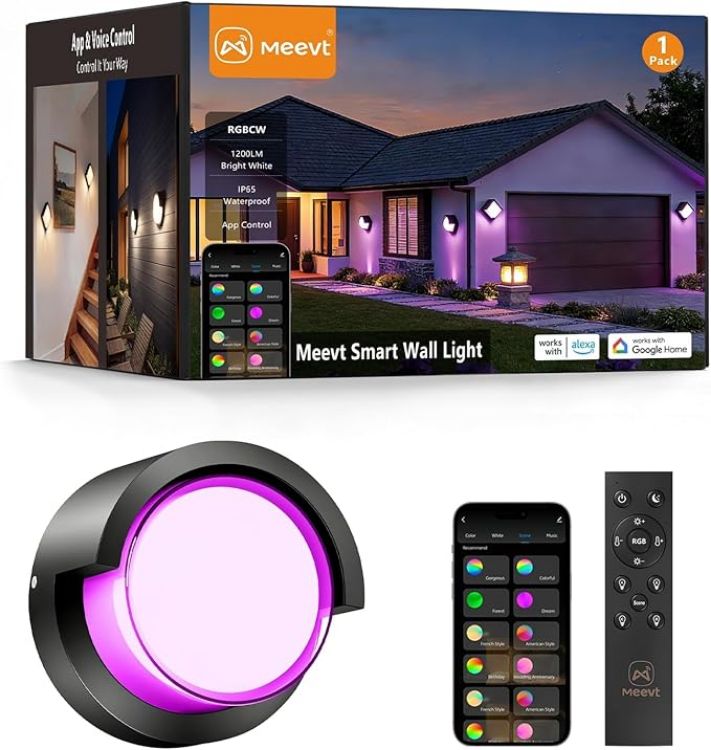 Picture of  Smart Outdoor Wall Lights, 1200LM RGBCW Porch Lights, IP65 Waterproof Exterior Wall Sconce, Work with Alexa & Google Assistant, App & Remote Control Wall Lights for Patio, Garage, Round, 1 Pack