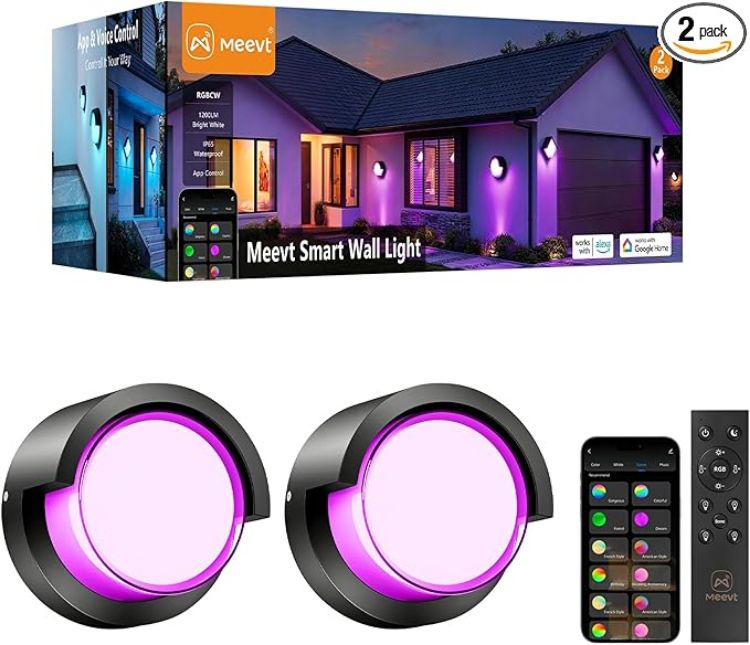 Picture of  Smart Outdoor Wall Lights, 1200LM RGBCW Porch Lights, IP65 Waterproof Exterior Wall Sconce, Work with Alexa & Google Assistant, App & Remote Control Wall Lights for Patio, Garage, Round, 1 Pack