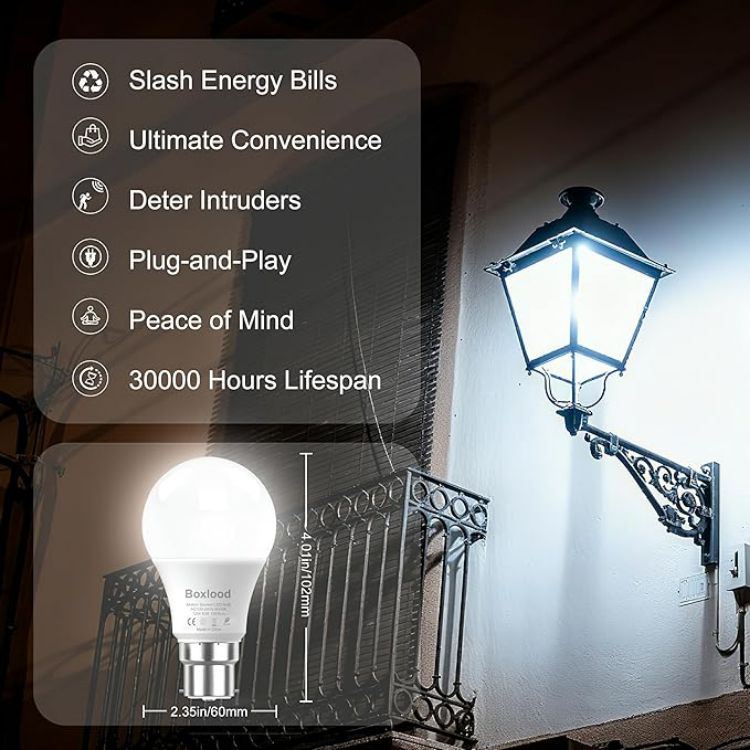 Picture of  Dusk Till Dawn Light Bulbs, 6000K Cool White, 9W 60W Equivalent, B22 Energy Saving Light Bulbs for Yard Porch Patio Garden, 2Pack Visit the Boxlood Store