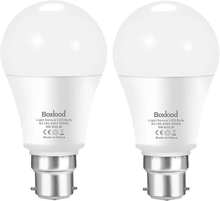 Picture of  Dusk Till Dawn Light Bulbs, 6000K Cool White, 9W 60W Equivalent, B22 Energy Saving Light Bulbs for Yard Porch Patio Garden, 2Pack Visit the Boxlood Store