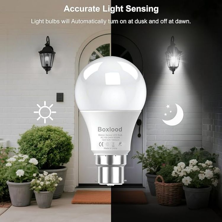 Picture of  Dusk Till Dawn Light Bulbs, 6000K Cool White, 9W 60W Equivalent, B22 Energy Saving Light Bulbs for Yard Porch Patio Garden, 2Pack Visit the Boxlood Store