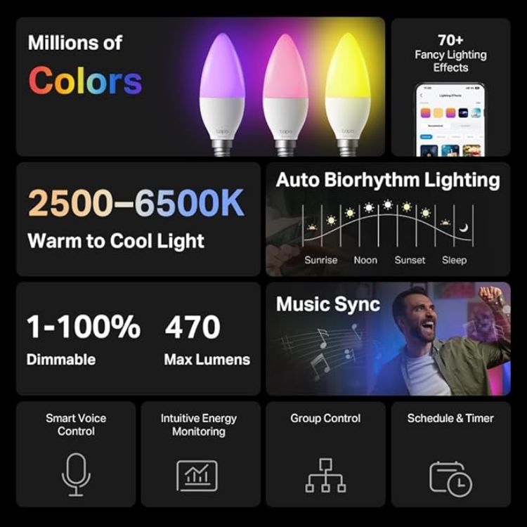 Picture of  L430C(2-Pack) Smart Bulb, Alexa Light Bulbs, E14, LED Light Bulb, 470 Max Lumens, Dimmable, Colour Changing Light Bulb, Auto Biorhythm,Music Sync,Voice/APP Control,Schedule & Timer