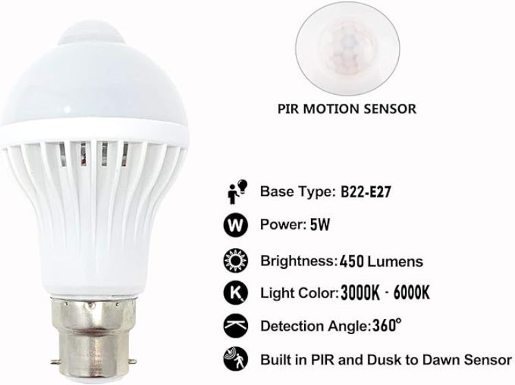 Picture of Motion Sensor LED Bulb B22 5W 450LM, PIR Auto On Off Light Sensitive Security Bulb, Energy Efficient Lighting for Indoor & Outdoor Covered Use