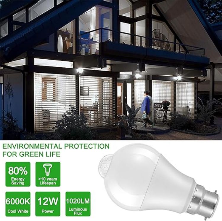 Picture of LED Smart Motion Light Bulbs - B22 PIR Light Sensor Bulb 12W Cool White 6000K Auto On/Off Night Lamp for Stairs, Garage, Corridor, Walkway, Yard, Hallway, Patio, Carport (1 Pack) [Energy Class A]
