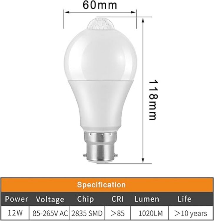 Picture of LED Smart Motion Light Bulbs - B22 PIR Light Sensor Bulb 12W Cool White 6000K Auto On/Off Night Lamp for Stairs, Garage, Corridor, Walkway, Yard, Hallway, Patio, Carport (1 Pack) [Energy Class A]