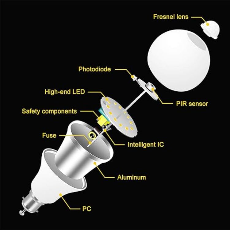 Picture of LED Smart Motion Light Bulbs - B22 PIR Light Sensor Bulb 12W Cool White 6000K Auto On/Off Night Lamp for Stairs, Garage, Corridor, Walkway, Yard, Hallway, Patio, Carport (1 Pack) [Energy Class A]