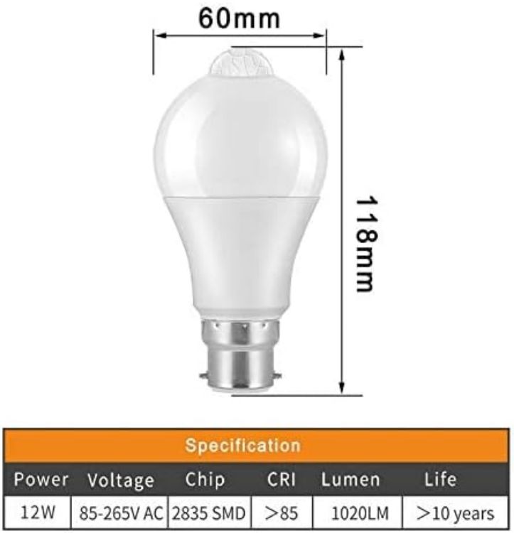 Picture of LED Smart Motion Light Bulbs - B22 PIR Light Sensor Bulb 12W Cool White 6000K Auto On/Off Night Lamp for Stairs, Garage, Corridor, Walkway, Yard, Hallway, Patio, Carport (4 Pack) [Energy Class A]