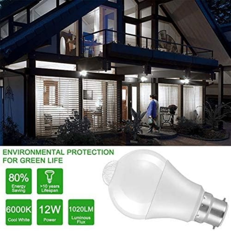 Picture of LED Smart Motion Light Bulbs - B22 PIR Light Sensor Bulb 12W Cool White 6000K Auto On/Off Night Lamp for Stairs, Garage, Corridor, Walkway, Yard, Hallway, Patio, Carport (4 Pack) [Energy Class A]