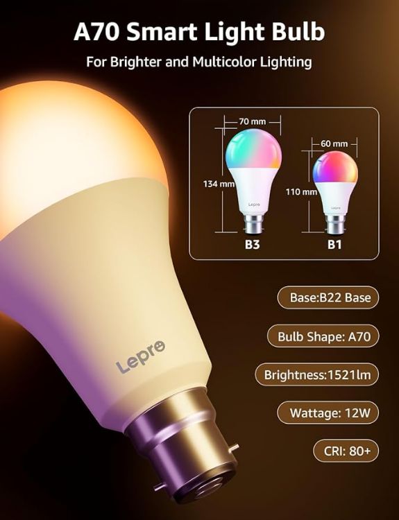 Picture of B22 AI Smart Bulb 12W 1521LM 4 Pack – 16 Million Colours, Alexa & Google Assistant Compatible, Schedule & Timer, Energy Class E