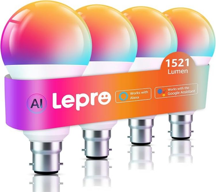 Picture of B22 AI Smart Bulb 12W 1521LM 4 Pack – 16 Million Colours, Alexa & Google Assistant Compatible, Schedule & Timer, Energy Class E