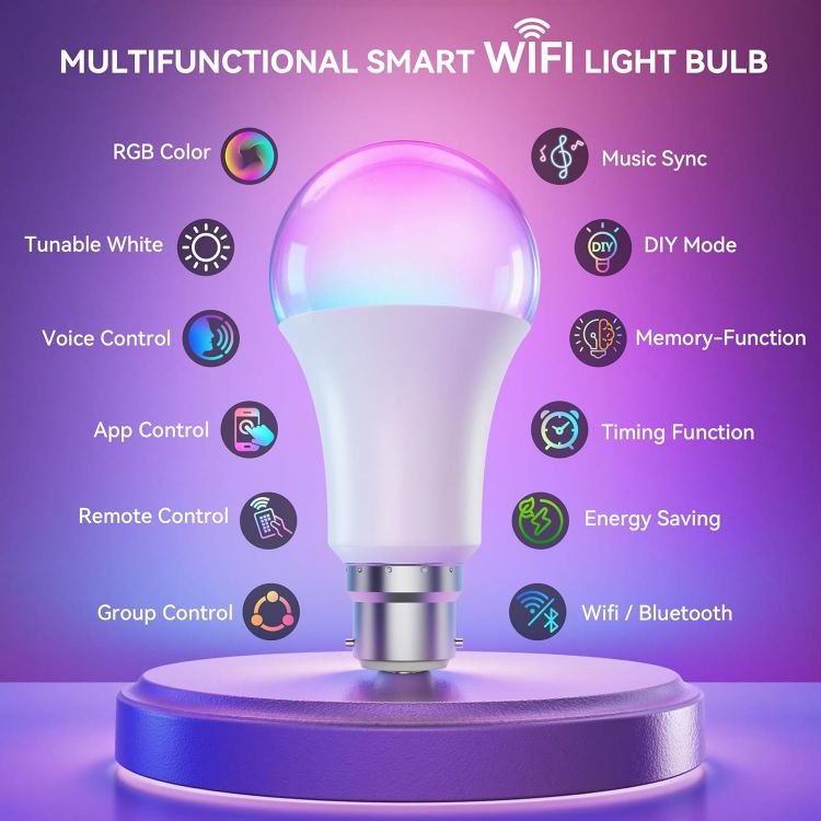 Picture of Smart Bulb B22, LED Alexa Light Bulbs, 10W, 16 Million Colors, Music Sync, Dimmable, Work with WiFi Alexa, Google Assistant, DIY Modes, Schedule & Timer, App Voice Group Remote Control, 2 Packs