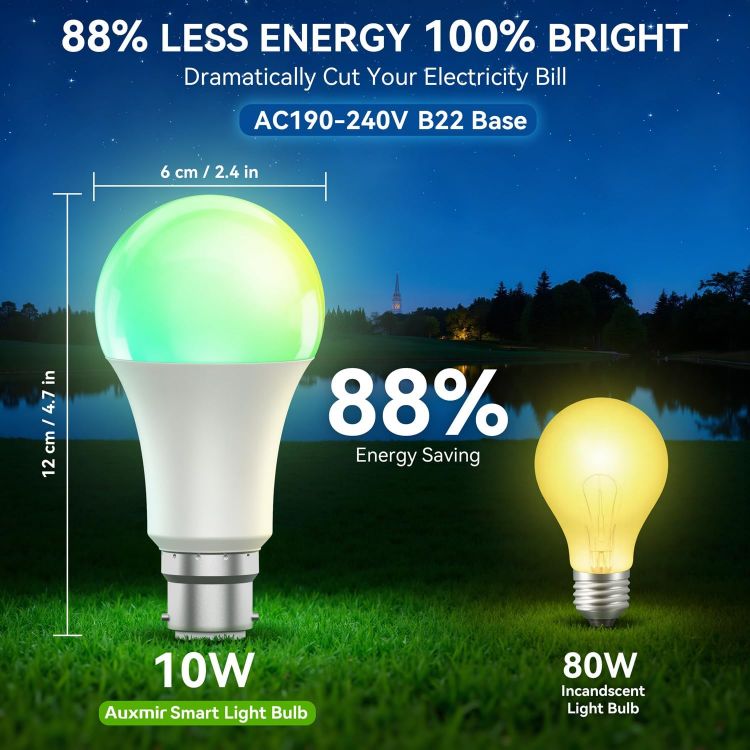 Picture of Smart Bulb B22, LED Alexa Light Bulbs, 10W, 16 Million Colors, Music Sync, Dimmable, Work with WiFi Alexa, Google Assistant, DIY Modes, Schedule & Timer, App Voice Group Remote Control, 2 Packs