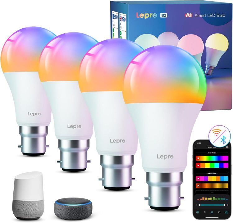 Picture of AI Smart Bulb B22 4 Pack 1100LM – WiFi Colour Changing Dimmable LED, Music Sync, Alexa & Google Assistant Compatible, Energy Class E