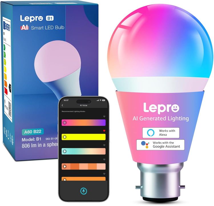 Picture of AI Smart Bulb B22 Music Sync WiFi Bayonet Bulb 806LM – Colour Changing LED, Alexa & Google Assistant Compatible, App & Voice Control, Energy Class F