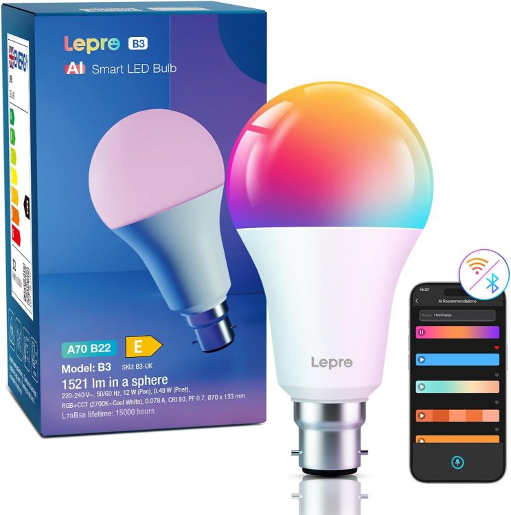 Picture of B22 AI Smart Bulb 1521LM 12W RGB WiFi Smart Light – Schedule Timer, Voice Control, Alexa & Google Assistant Compatible