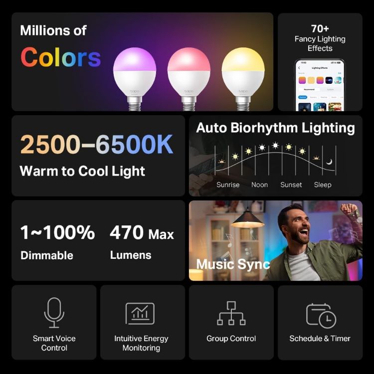 Picture of L430P E14 Smart Bulb 2 Pack – Bluetooth Alexa, Google Home & Apple HomeKit Compatible, Color Changing, Dimmable Smart Light