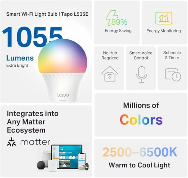 Picture of L535E E27 Smart Bulb Alexa Light Bulb Matter Certified Multicolour 8.6W 75W Equivalent Auto Schedule and Timer Away Mode Dimmable Energy Monitoring Voice Control with Alexa and Google Assistant