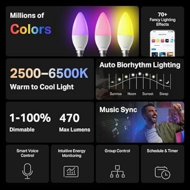 Picture of L430C Smart Bulb 4 Pack E14 LED Light Bulb 470 Lumens Dimmable Colour Changing Light with Auto Biorhythm Music Sync Voice and App Control with Schedule and Timer
