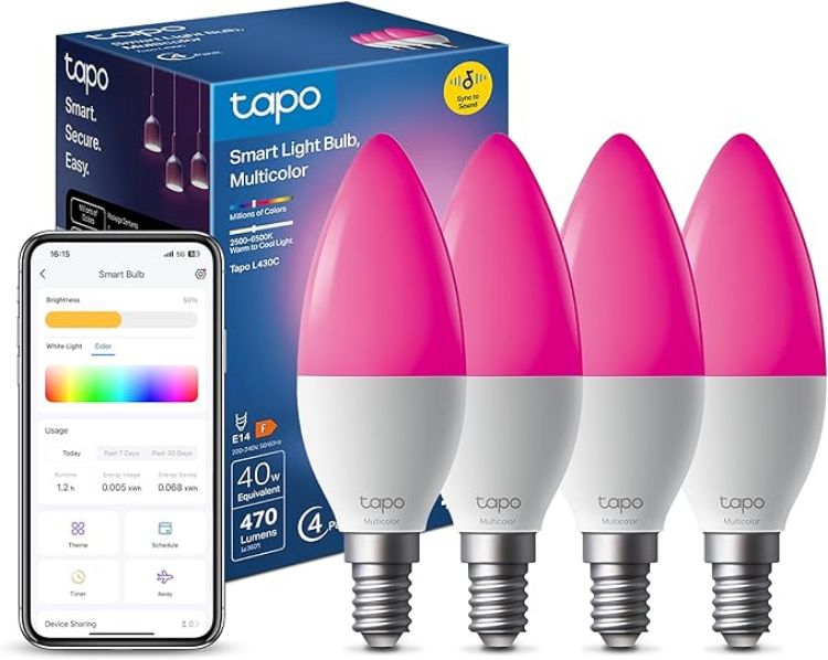 Picture of L430C Smart Bulb 4 Pack E14 LED Light Bulb 470 Lumens Dimmable Colour Changing Light with Auto Biorhythm Music Sync Voice and App Control with Schedule and Timer