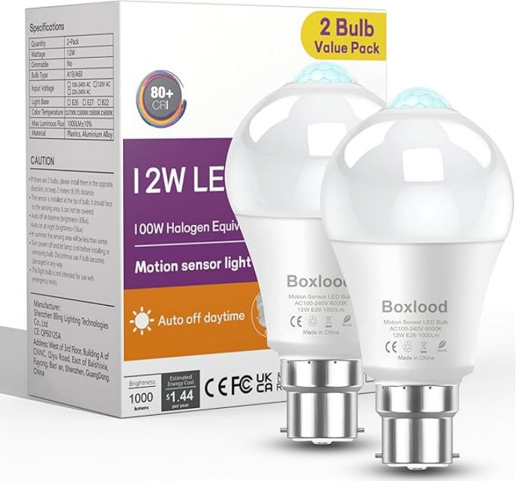 Picture of B22 PIR Motion Sensor Light Bulb 100W Equivalent 6000K Cool White Auto On Off Security Lighting 2 Pack
