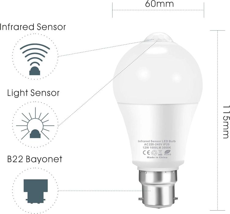 Picture of B22 PIR Motion Sensor Light Bulb 100W Equivalent 6000K Cool White Auto On Off Security Lighting 2 Pack