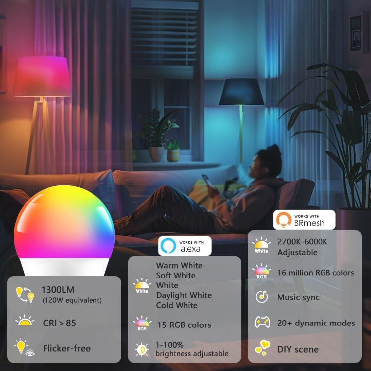Picture of B22 Smart Light Bulbs 2 Pack 1200LM – 120W Equivalent, RGB Colour Changing, 2700–6000K Dimmable, Alexa Voice & App Control, No WiFi Required