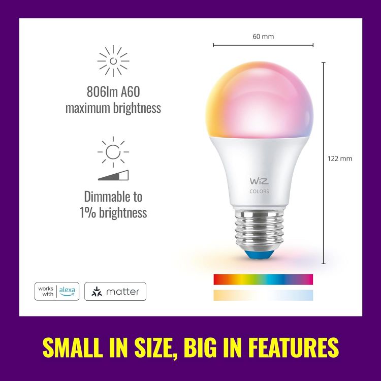 Picture of E27 Smart LED Bulb 2 Pack 806 Lumens 60W Equivalent RGB Tunable White 2200K to 6500K Dimmable Works with Alexa Google Assistant and Apple Home