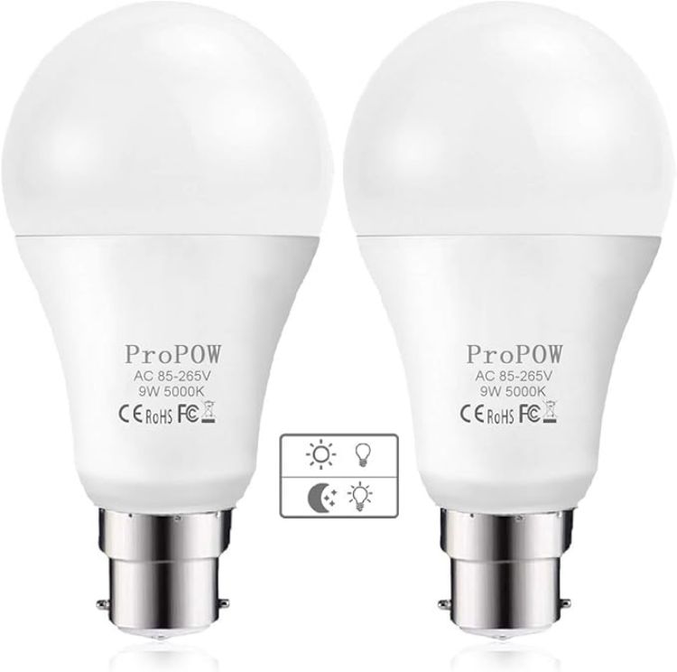 Picture of B22 Dusk to Dawn Light Bulb 9W (60W Equivalent) A60 LED Light Sensor Bulbs 2 Pack Daylight White Automatic On/Off